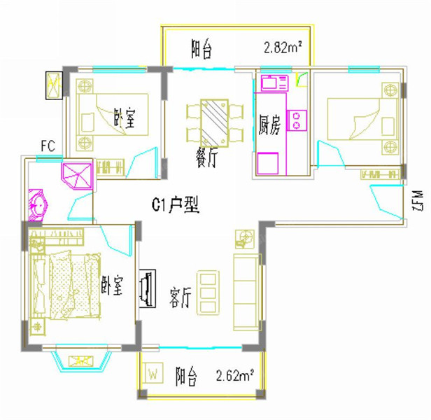 3室2厅1卫0厨 