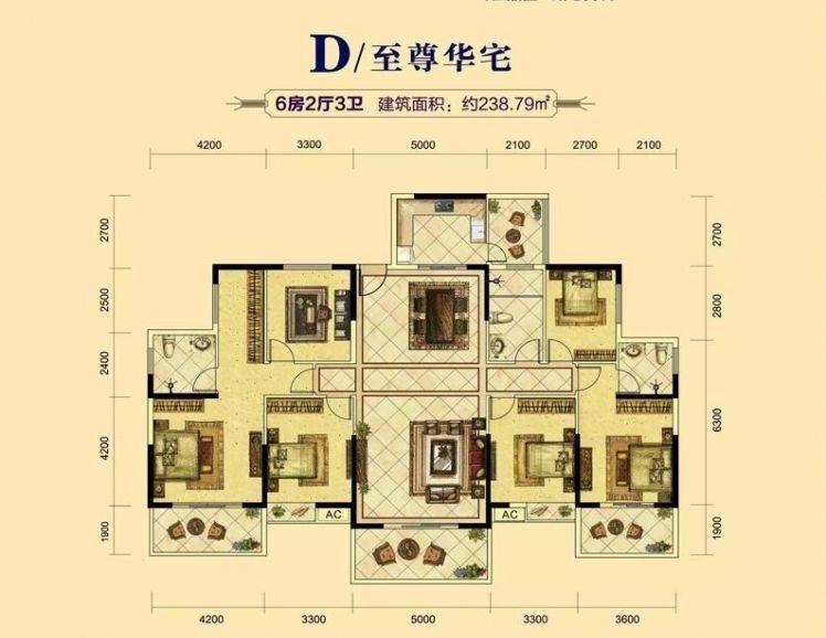 海南海口楠滨华庭D户型 6室2厅3卫1厨 建筑面积：238.79㎡