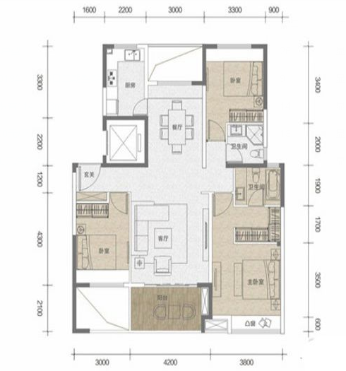 海南海口大华·锦绣海岸户型图 3室2厅2卫1厨  建筑面积120㎡