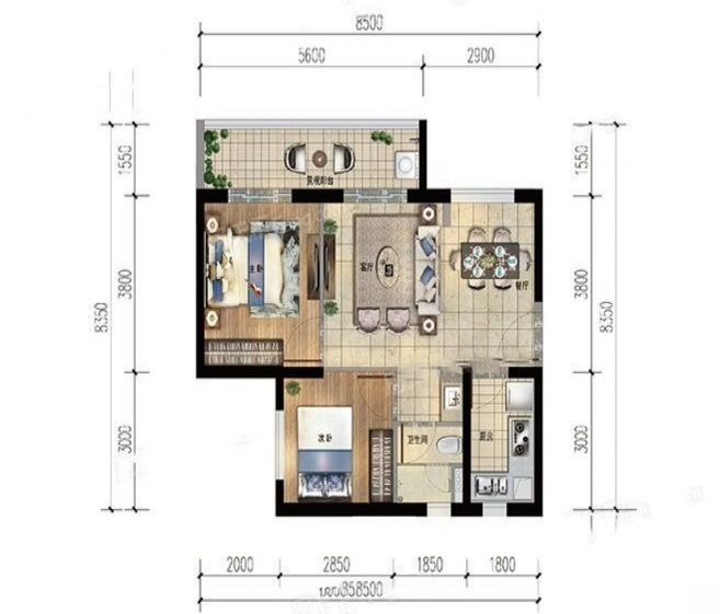 H户型 2室2厅1卫1厨 建筑面积：71㎡