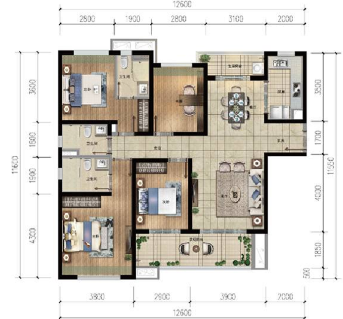 A户型 4房2厅3卫 建筑面积：141㎡