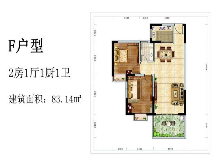 海南澄迈F户型 2室1厅1卫1厨 建筑面积：83.14㎡