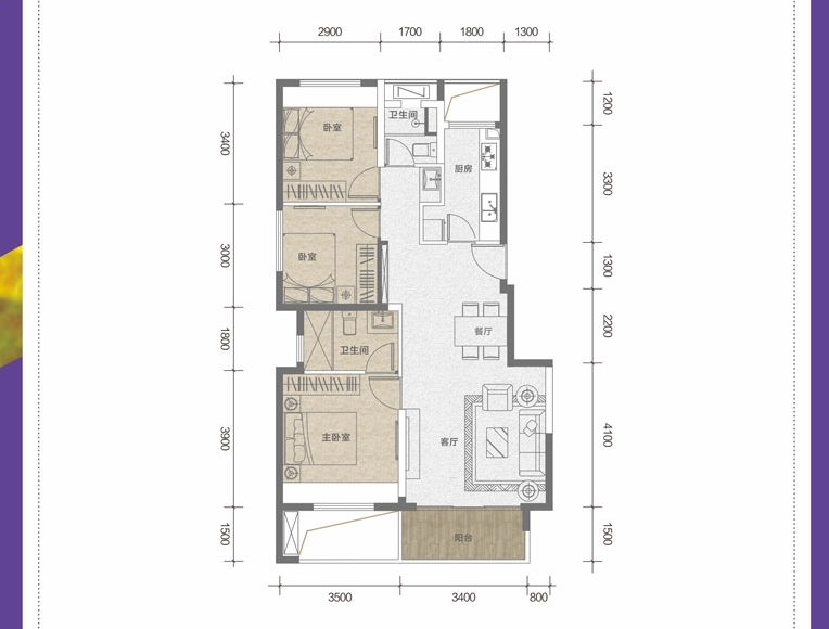 海南海口大华·锦绣海岸S3户型图 3室2厅2卫1厨  建筑面积92㎡