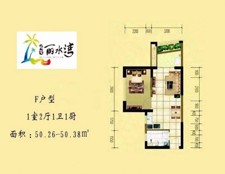 F户型  1室2厅1卫1厨 建筑面积：50㎡