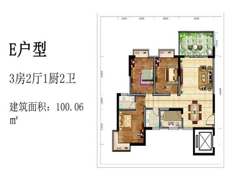 E户型 3室2厅2卫1厨 建筑面积：100.06㎡